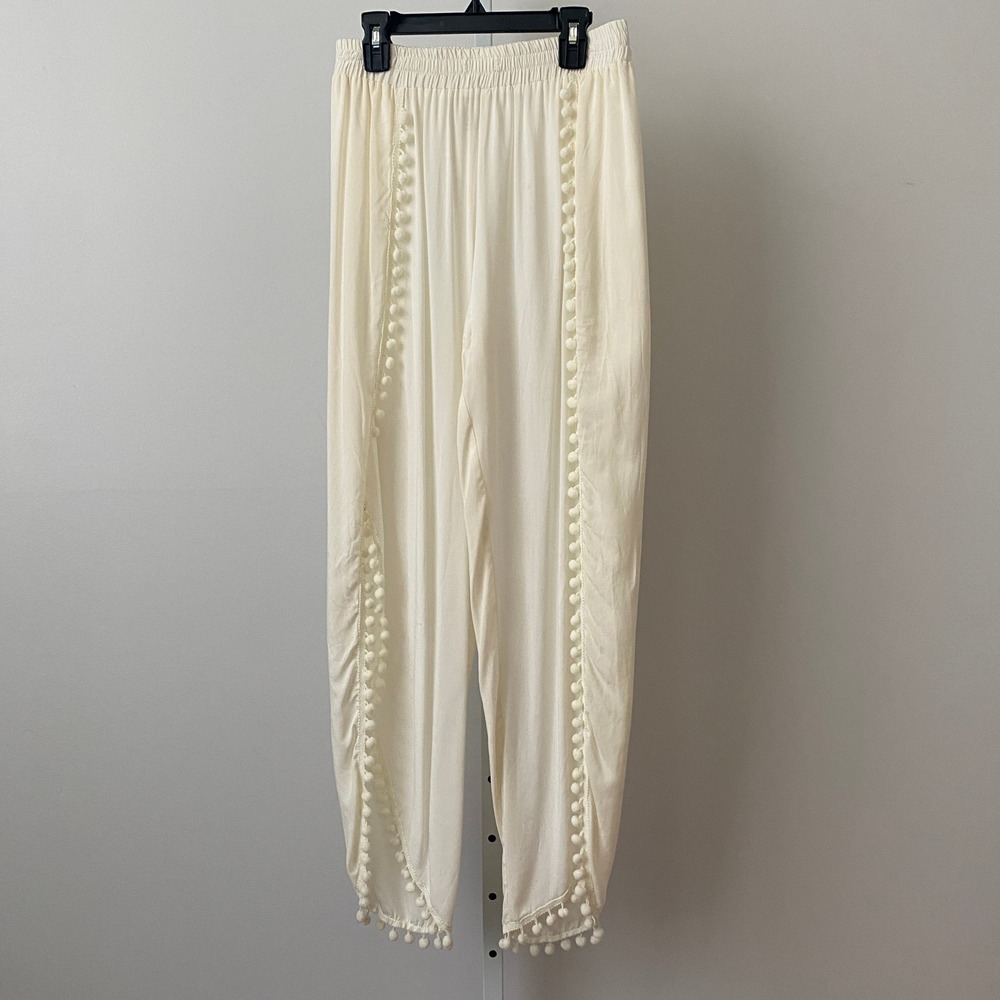 Solitaire Boho Beachy Relaxed Pompom Trim Swim Cover Pants S Cream
